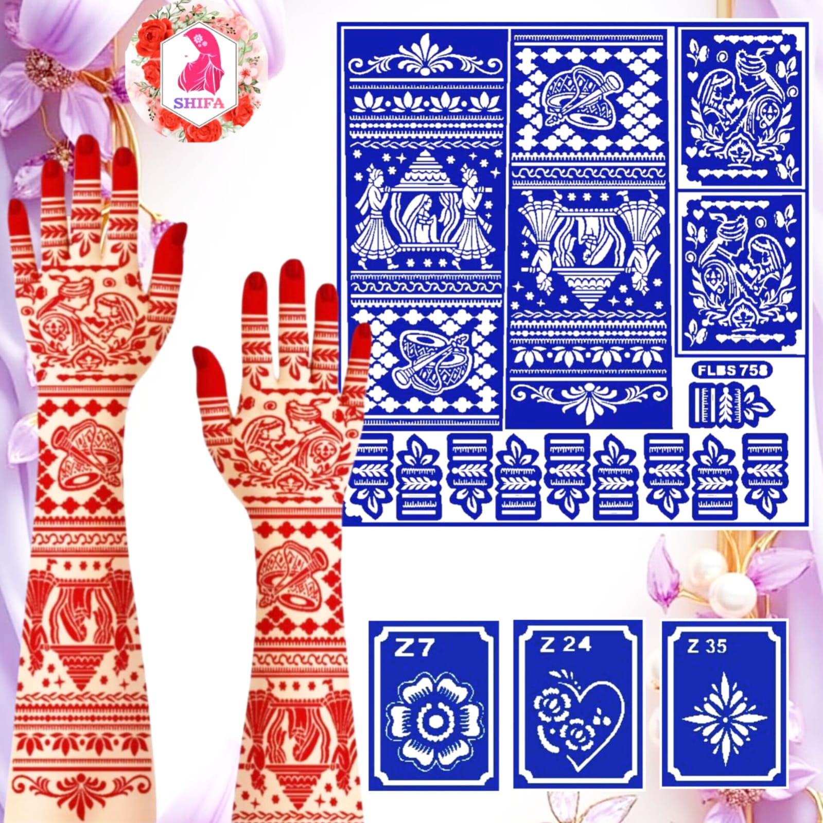 FLBS 758 Royal Dholki Celebration Set Sticker Overview Henna Stencil - Shifa Stencil